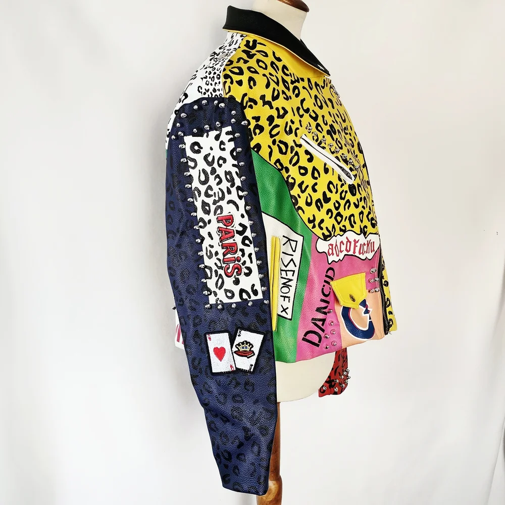 Azalea Wang Patchwork Moto Jacket Studded Graphic Leopard 1X - Picture 5 of 9